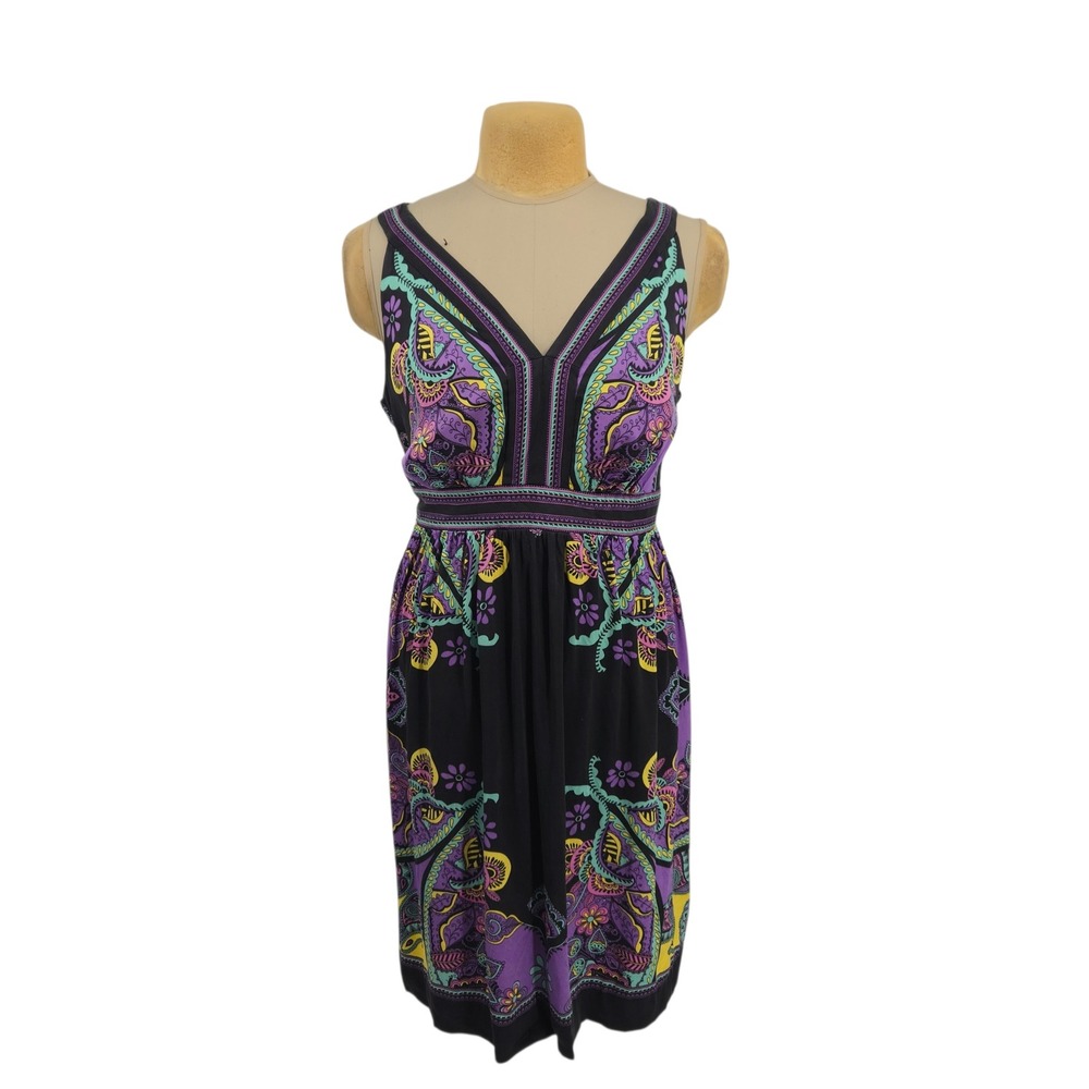 ECI Sleeveless Dress Women 14 Purple Paisley Silk Blend Boho Lightweight Party